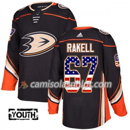 Camisola Anaheim Ducks Rickard Rakell 67 Adidas 2017-2018 Preto USA Flag Fashion Authentic - Criança